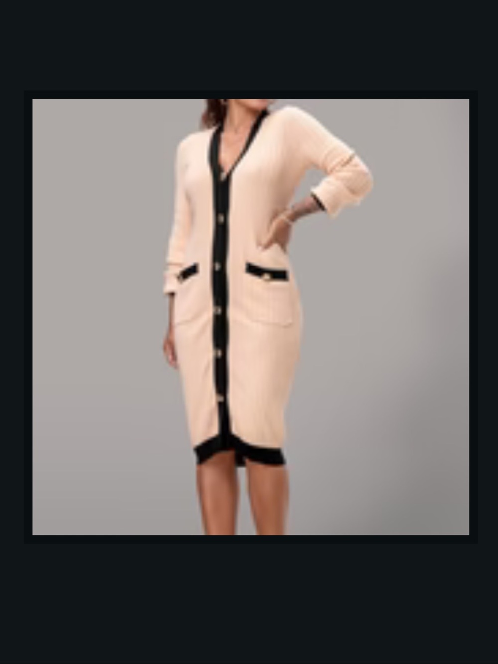 Blush Long Ribbed Cardigan with Black Trim and Gold Buttons